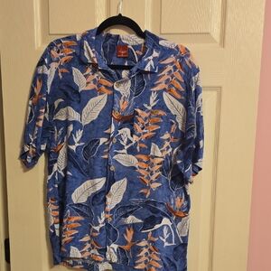 Vibrant Blue and Orange Leaf Print Casual Shirt